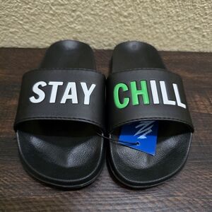 NEW Boy's "Stay Chill" Slides Sandals Black Green White Size 11/12‎